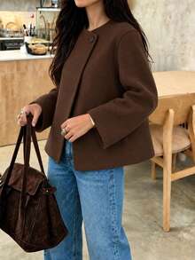 Women's Casual Wool Blend Winter Jacket, Elegant Retro Coffee Color Short Style, Simple Solid Color Loose Fit, Suitable For Daily Outings, Store Visits And Commuting - Brown - View 9