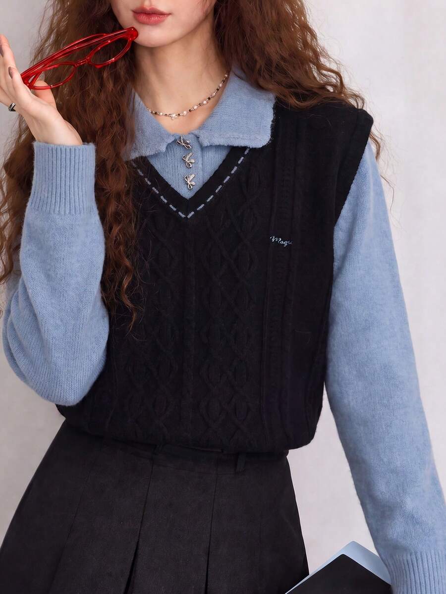 Women's Preppy Cable Knit Pullover Vest, V-Neck Fashion Warm Knit Sweater, Versatile Layering Essential - Black - View 1