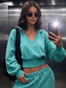 Women's Casual V-Neck Rib-Knit Tight Hem Oversized Hoodies For Daily Fall&Winter,Fall Winter Clothes,Winter Fall Outfit,Going Out - Turquoise - View 4