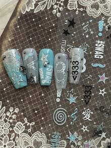 Y2K Star Note Nail Stickers, Silver Glitter Music Symbol Number 3 Swag Letter Nail Decals, Self Adhesive Nail Art Decorations For DIY Manicure - Multicolor - View 3