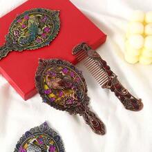 Exquisite Relief Antique Peacock Opening Screen Handheld Mirror & Portable Creative Comb Set, Gift Box With Greeting Card, Birthday Present, Random Gemstone Color, Back To School Gift, Halloween & Christmas Gift - E - View 1