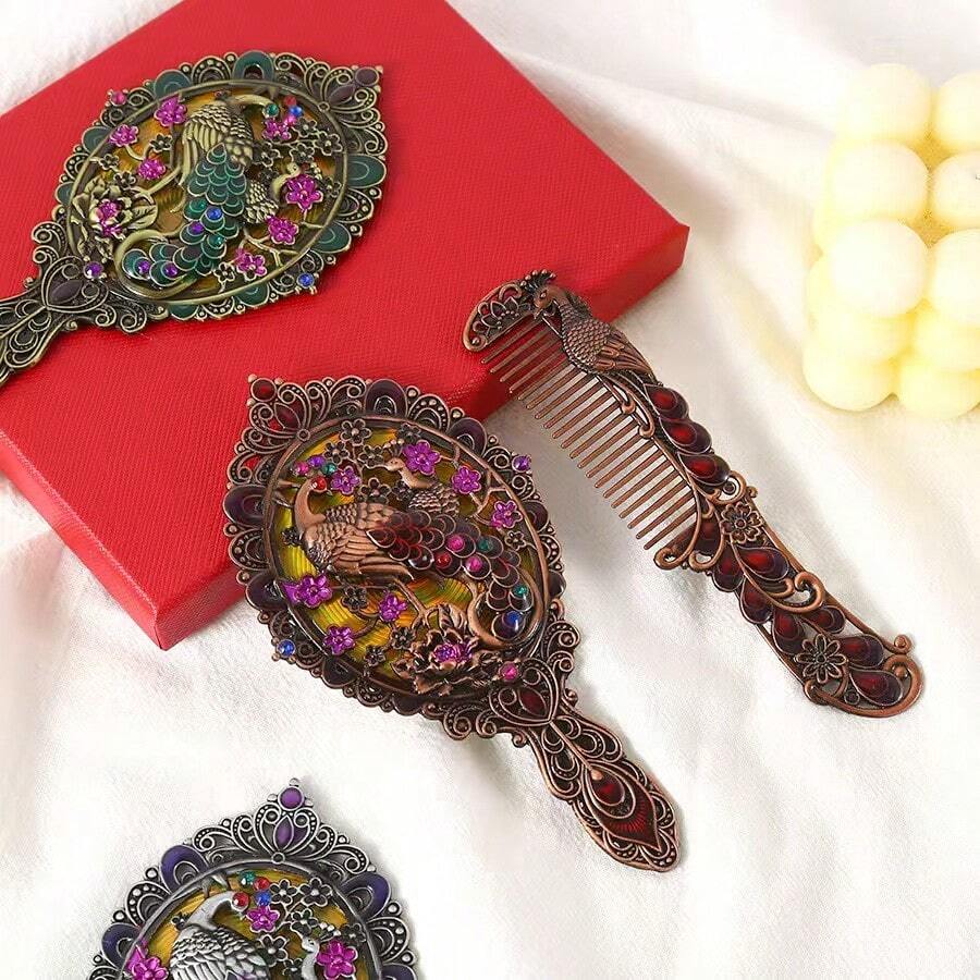 Exquisite Relief Antique Peacock Opening Screen Handheld Mirror & Portable Creative Comb Set, Gift Box With Greeting Card, Birthday Present, Random Gemstone Color, Back To School Gift, Halloween & Christmas Gift - E - View 1