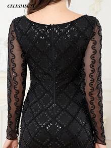 Robe de soirée Top de gamme pour femmes, patchwork, manches longues, à franges et perles, robe de banquet, de fête et de vacances - Noir - Voir 11
