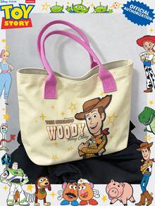 Miniso Disney Toy Story Sheriff Woody Canvas Tote Bag, Beige With Handle Shoulder Bag, Suitable For Daily Use - Pink - View 2