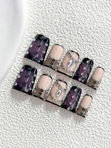 秋季 10片裝手工壓貼式美甲貼片，漸層水鑽風格，Polygel 凝膠美甲組，紫色水鑽美甲，奢華低調風，3種尺寸可選，杏仁甲、鴨嘴甲、棺材甲，適合派對、舞蹈、日常配戴（手工細節可能有所不同） - 彩色 - 查看 18