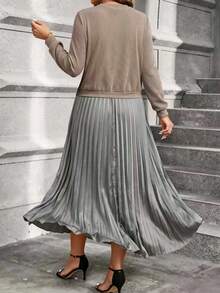 Plus Size Women's Casual Long Sleeve Knit Patchwork Pleated Dress, Elegant Dresses For Women, Autumn, Fall, Fall Winter Sweater, Office Outfits, Work Dress, Pleated - Khaki - View 12