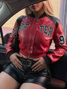 Women's Red PU Leather Motorcycle Jacket With Zipper And Embroidery, Short Baseball Collar Long Sleeve Street Style - Red - View 1