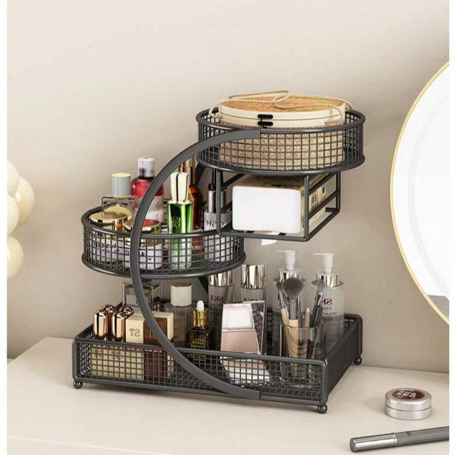 1 buah Rak Penyimpanan Kosmetik Logam Ringan Tanpa Perakitan, Cocok untuk Meja Rias dan Meja Kamar Mandi - Sempurna untuk Menyimpan Lipstik, Produk Perawatan Kulit, dll., Organizer Meja | Estetika Modern | Rak Logam Tahan Lama, Rak Penyimpanan Kamar Mandi - Hitam - View 1
