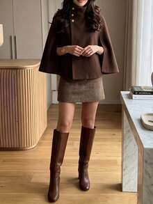 Women's High Neck Gold Button Cape Coat, Elegant Solid Color Short Cape Jacket, Casual Fashion Daily Outerwear - Coffee Brown - View 3