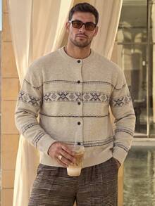 Men Autumn‑Winter Geometric Fair Isle Knit Cardigan, Button Front Long Sleeve Relaxed Sweater, Old Money Style For Holiday Festival Daily Wear - Apricot - View 8