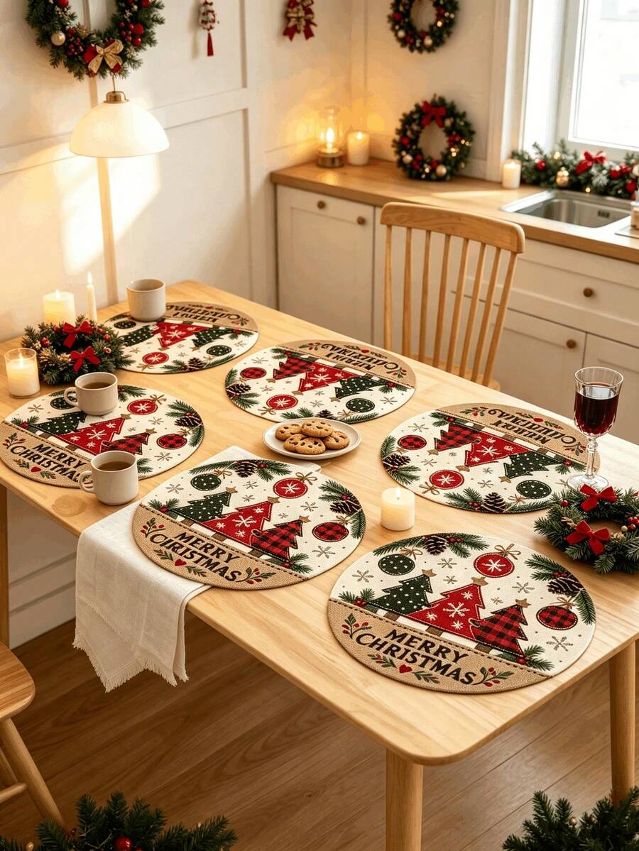 1/2/4pcs Christmas Placemats, Christmas Tree, Christmas Ball And Pine Cone Elements, Round Design, Linen Material, Suitable For Christmas Decoration, Family Gathering Party, Table Decor, Holiday Decor, Indoor Decor. - Multiple Styles - View 1