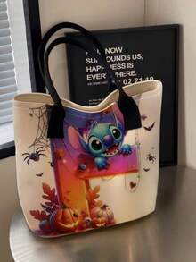 Disney Halloween Letter Embroidery Pumpkin Print Tote Bag, Large Capacity Cartoon Shoulder Handbag, Spider Web Skull Bat Pattern Shopping Bag, Casual Reusable Tote Bag, Suitable For Halloween Party, Daily Outing, Gift - Multicolor - View 3