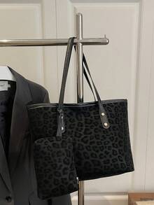 2pcs Large Capacity Leopard Print Faux Leather Tote Bag, With Dual Handles, Ideal For Commuting, Work Or School.,Business Professional Women - Black - View 4