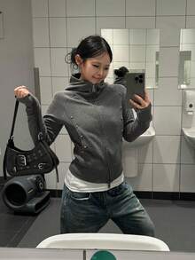 Women's American Street Style Rivet Slim Fit Cinched Waist Hooded Zip-Up Sweatshirt Jacket, Autumn New Design - Grey - View 9