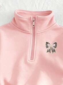 2pcs/Set Baju Sweatshirt dan Celana Panjang Motif Pita Bordir untuk Anak Perempuan, Pakaian Nyaman Modis untuk Musim Gugur/Dingin - Berwarna merah muda - View 7