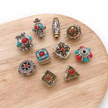 2pcs Carved Alloy Beads Dual Color Inlaid Gemstone Round Square Barrel Beads For DIY Handmade Mala Bracelet Necklace Craft Supplies - Multicolor - View 4