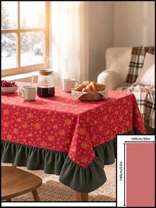 1pc Red Background Gold Christmas Bell Snowflake Print Tablecloth, Traditional Country Style, Rectangular Green Leaf Edge With Pleated Details, Stain-Resistant Protective Tablecloth For Home Long Table, Suitable For Christmas Family Gatherings And Winter Holiday Dining Room Decor - Red - View 19