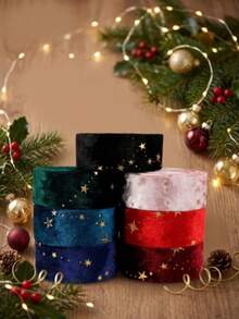 Star Print Plush Ribbon Roll, Multi-Color Fabric Ribbon, Suitable For Christmas Gift Wrapping And DIY Crafts, Perfect For Collectible Display And Storage, Ideal For Plush Doll Collection, Perfect For Wreath, Bow Making And Holiday Decoration Styling - Multicolor - View 3