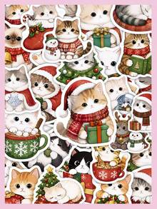 50Pcs Christmas Cat Aesthetic Stickers, Cute Xmas Kitten Character Stickers, PVC Waterproof Self-Adhesive Decals For Journals, Laptops, Water Bottles - Multicolor - View 1