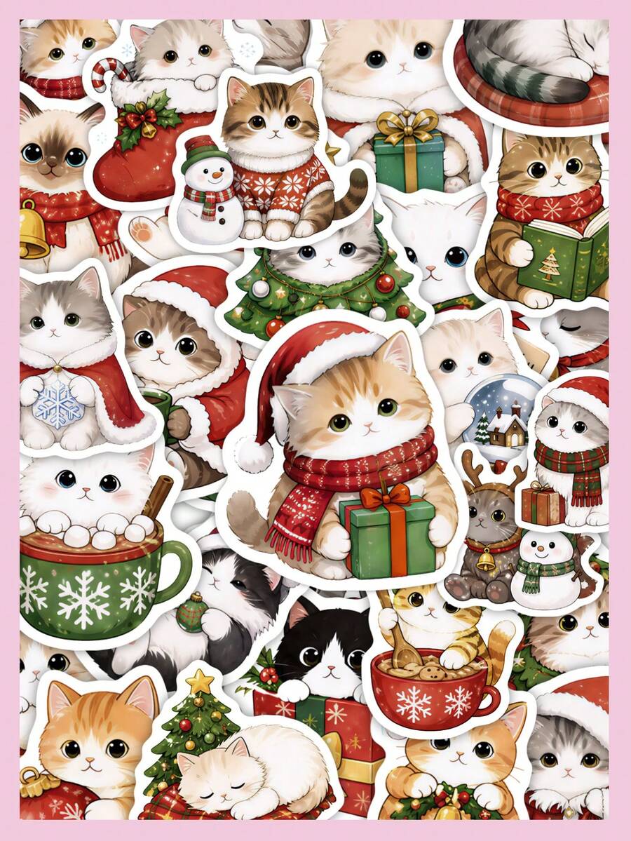 50Pcs Christmas Cat Aesthetic Stickers, Cute Xmas Kitten Character Stickers, PVC Waterproof Self-Adhesive Decals For Journals, Laptops, Water Bottles - Multicolor - View 1
