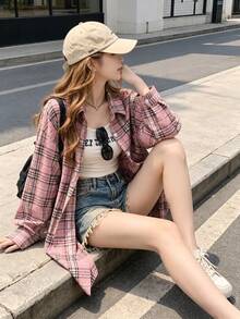 YUXIN Women's American Niche Vintage Plaid Long Sleeve Shirt, Versatile Loose Street Style, Spring/Autumn Essential Shirt - Pink - View 5