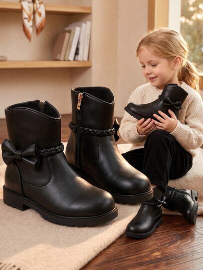 1 Pair Girls' Black Ankle Boots Princess Boots, Fashionable Butterfly Decor Ankle Boots, Side Zipper Thick Heel Children's Boots, Suitable For Little Girls' Autumn/Winter Daily Wear, Outdoor Shopping And Travel, Student Campus Shoes