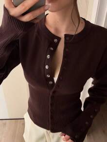 Chic Brown Long Sleeve Ribbed Cardigan For Women With Button Details, Polyester Medium Stretch Regular Length Top, Perfect For Winter Outfits. - Coffee Brown - View 1