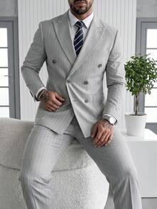 Setelan Jas Pria Formal Bergaris, Jaket dan Celana, 2 Potong, Desain Kasual dan Modis, Cocok untuk Musim Semi dan Gugur, Pakaian Sehari-hari - Light Grey - View 2