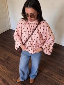 French Polka Dot Puff Sleeve Blouse, Elegant Back Bow Design Front Button-Up Top, Vacation Style Pink - Pink - View 1