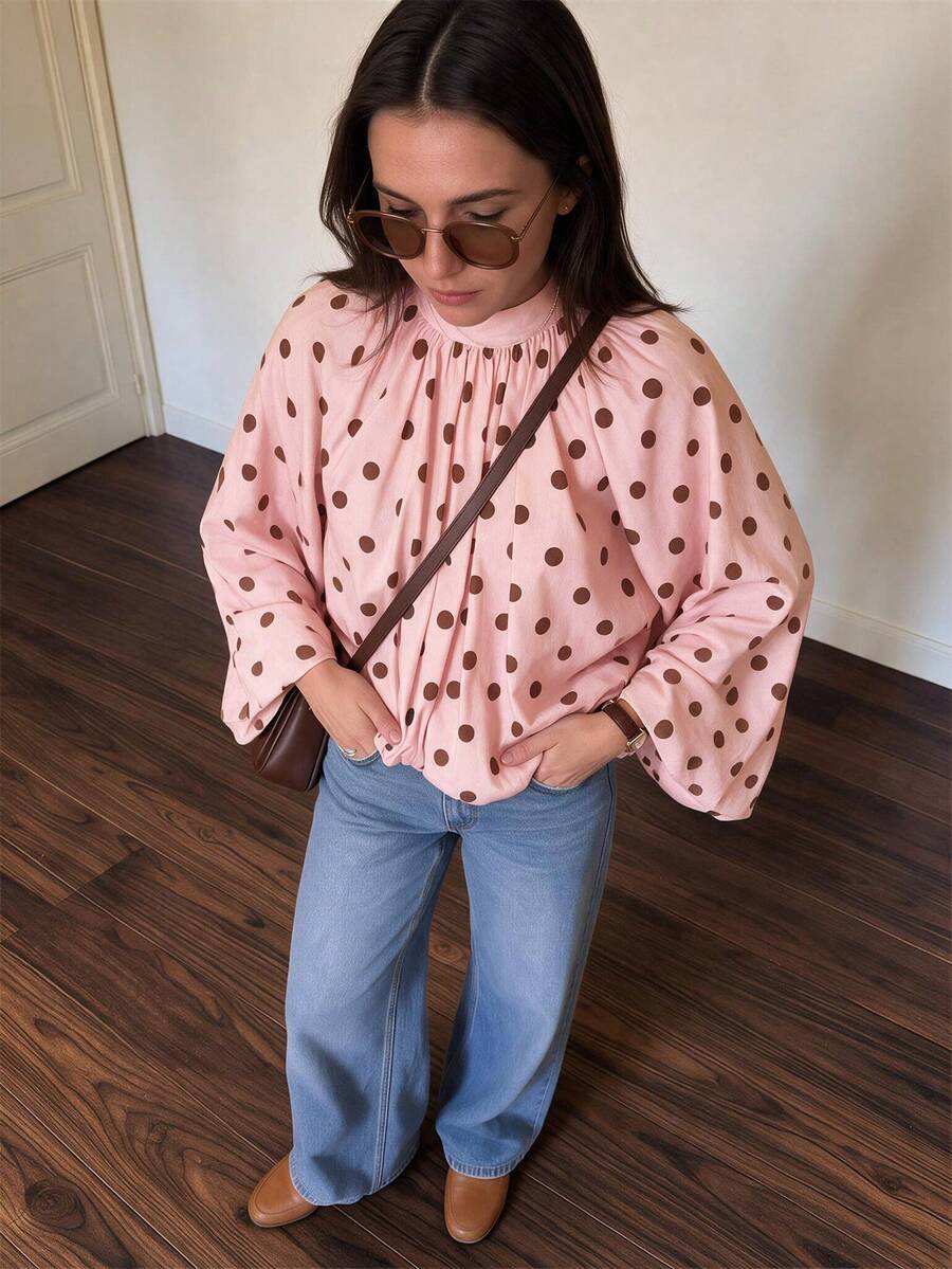 French Polka Dot Puff Sleeve Blouse, Elegant Back Bow Design Front Button-Up Top, Vacation Style Pink - Pink - View 1