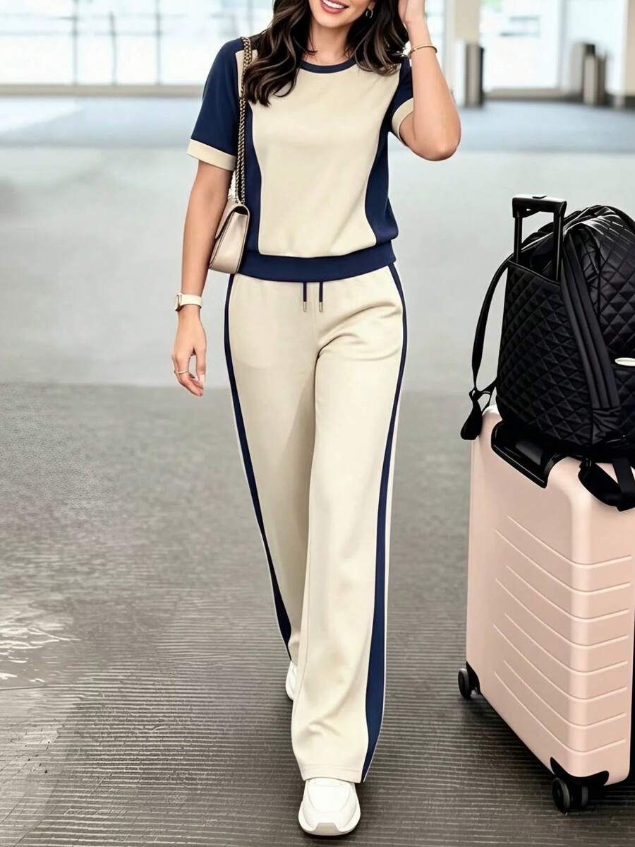 SRoinpar Women's 2-Piece Colorblock Set, Short Sleeve Crew Neck Contrast Patchwork Sweatshirt Top With Side Stripe Wide Leg Loose Pants Elegant Summer - Navy Blue - View 1