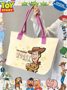 Miniso Disney Toy Story Sheriff Woody Canvas Tote Bag, Beige With Handle Shoulder Bag, Suitable For Daily Use - Pink - View 3