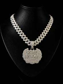Men's Full Rhinestone ROAD RUNNER Letter Pendant Necklace, Thick Cuban Chain, Hip Hop Rap Street Style Jewelry - ROAD RUNNER - View 3