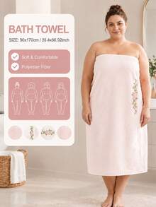 1pc-Rose Embroidered Large Bath Towel, Size 90*170 Cm, Soft And Thick, Quick-Drying, Dedicated For Home Bathing. Exquisite Rose Embroidery Adds A Gentle Atmosphere, Fluffy And Comfortable Touch, No Shedding, Available In Beige And Pink, Combining Practicality And Sweet Appearance. - Multicolor - View 7