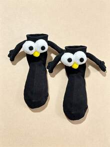 1 Pair Kids Cute Fun Big Eyes Holding Hands Mid-Calf Socks, Suitable For 1-10 Years Old Children Daily Wear, Back To School Crazy Sock Day - Black - View 5