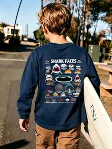 Tween Boy Casual Fun Print Crew Neck Pullover Long Sleeve T-Shirt, Autumn/Winter Top - Navy Blue - View 1