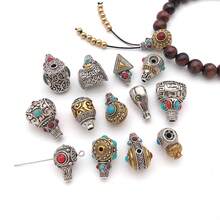 2pcs Three Hole Guru Beads Alloy Inlaid Turquoise Red Stone Buddha Head Charms For DIY Bracelet Handmade Mala Jewelry Making - Multicolor - View 4