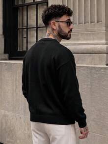 Lookun Men's Round Neck Single-Breasted Knit Cardigan Loose Drop Shoulder Minimalist Long Sleeve Sweater Jacket Autumn/Winter - Black - View 6