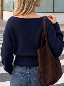 minisummer Women Elegant Fall Off‑Shoulder Long Sleeve Knit Top, Navy Blue Loose Shoulder Cropped Sweater With Ribbed Waist - Navy Blue - View 3