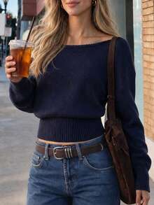 minisummer Atasan Rajut Lengan Panjang Off-Shoulder Elegan untuk Wanita di Musim Gugur, Sweater Pendek Bahu Longgar Warna Biru Tua dengan Pinggang Bergaris - Navy Blue - View 8