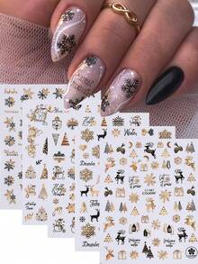 5Pcs Christmas Gold Nail Stickers, Self-Adhesive Metallic Nail Art Decals With Snowflake, Xmas Tree, Reindeer, Snowman & Winter Letter Pattern, Holiday DIY Manicure Decorations Supplies - Multicolor - View 2