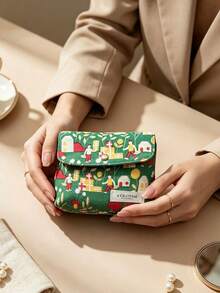 Green Cartoon Village Print Snap Button Small Cosmetic Pouch Mini Portable Lipstick Jewelry Storage Bag Cute Travel Toiletry Organizer Gift L'Occitane Small Makeup Bag - Green - View 8
