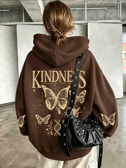 Butterfly Letter Print Sweatshirt, Plus Size Women's Casual Autumn/Winter Long Sleeve Pocket Sweatshirt, Suitable For Winter Holiday Outfits, Beach Outfits, Vacation Outfits, Halloween Outfits, Thanksgiving Outfits, Christmas Outfits, New Year Outfits. Suitable For Daily Wear, Going Out Tops, Outings, Holidays, Beach, Parties, Beach, Balls, School, Graduation, Luxury, Vacation, Commuting, Fitness, Weddings, Fashion, Winter Tops, Women's Autumn Outfits, Women's Holiday Clothing
