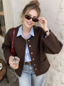 JIANHU Jaket Tweed Campuran Wol Elegan, Cocok untuk Musim Gugur/Musim Dingin | Mantel Kancing Leher Bulat Minimalis | Jaket Pendek Vintage Prancis, Sempurna untuk Tampilan Kantor Liburan Natal - Coffee Brown - View 1
