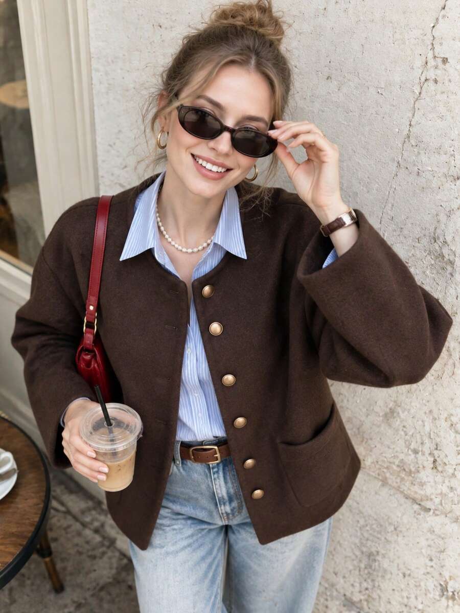 JIANHU Jaket Tweed Campuran Wol Elegan, Cocok untuk Musim Gugur/Musim Dingin | Mantel Kancing Leher Bulat Minimalis | Jaket Pendek Vintage Prancis, Sempurna untuk Tampilan Kantor Liburan Natal - Coffee Brown - View 1