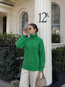 Women's Casual Fall Winter Turtleneck Rib Knit Tee Long Sleeve T-Shirt Loose Fit Pullover Tops For Everyday Going Out Vacation - Green - View 7