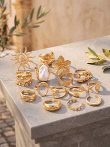 15/7pcs Bohemian Style Faux Pearl Flower Women's Sun Rings Suitable For Daily Wear - Yellow Gold - View 4