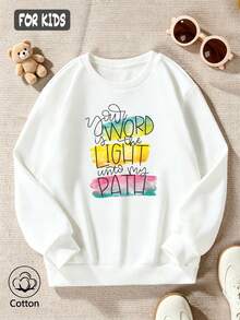 Children's Casual Crew-Neck Sweatshirt, Long-Sleeve Crew-Neck Sweatshirt With Gradient Artistic Lettering Print - White - View 3