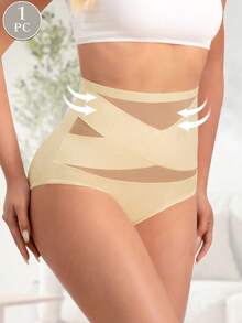 MEIYATING 1pc High Waist Tummy Control Women's Panties, Mesh Criss-Cross Design, Ice Silk Seamless Triangle Panties, Body Shaping And Butt Lifting - Apricot - View 2
