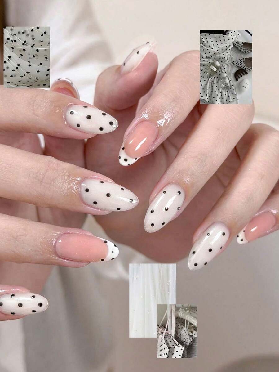 30片波點中長杏仁形法式美甲假指甲套組,含1片雙面黏貼膠與1個指甲銼條,秋季波點美甲,適合派對、舞會與日常使用 - 彩色 - 查看 1